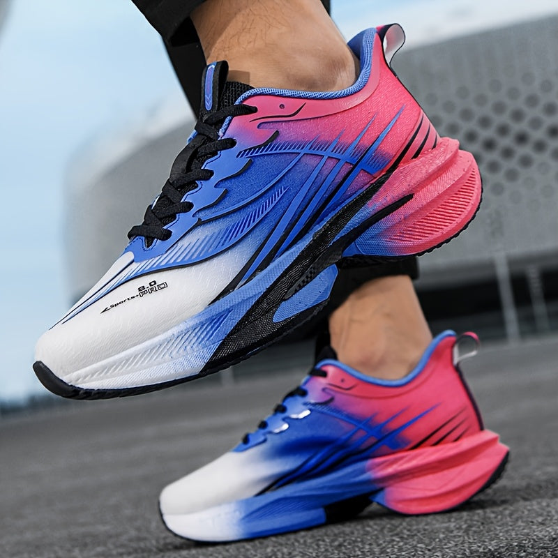 Men's Lightweight Breathable Running Shoes - Turquoise & Teal Striped Design, Shock-Absorbing Carbon Plate Sneakers with Soft Rubber Sole, Lace-Up Sneakers for Youth & Adults