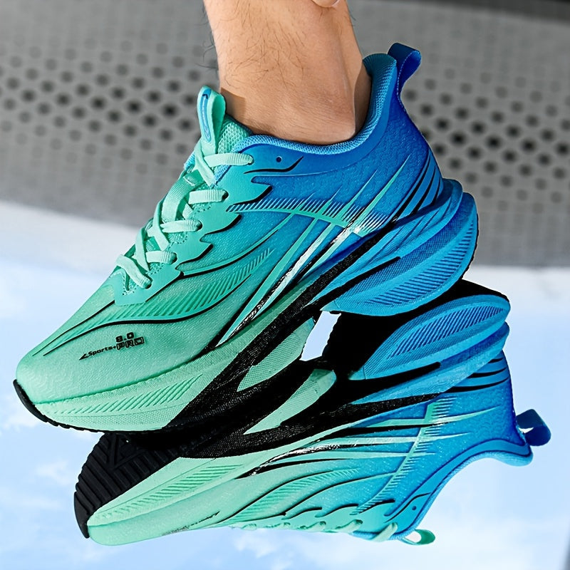 Men's Lightweight Breathable Running Shoes - Turquoise & Teal Striped Design, Shock-Absorbing Carbon Plate Sneakers with Soft Rubber Sole, Lace-Up Sneakers for Youth & Adults