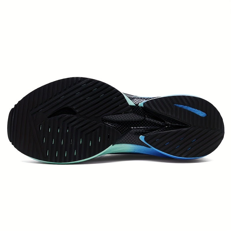 Men's Lightweight Breathable Running Shoes - Turquoise & Teal Striped Design, Shock-Absorbing Carbon Plate Sneakers with Soft Rubber Sole, Lace-Up Sneakers for Youth & Adults