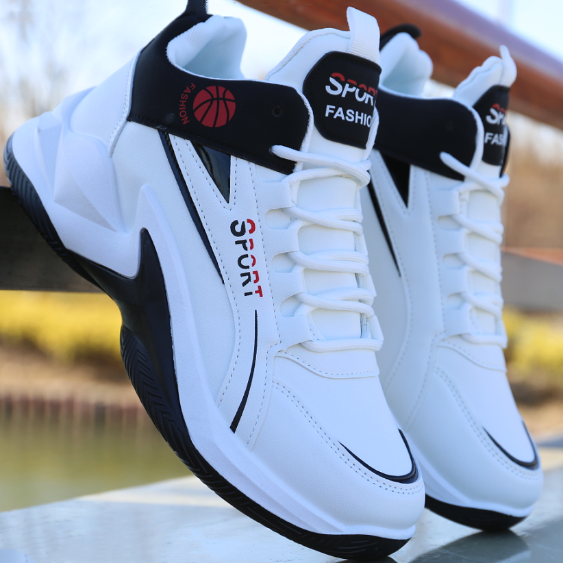 Men's Shoes New High-Top Board Shoes Leather Surface Waterproof Sneaker Men's Casual Shoes Non-Slip Wear-Resistant Running Shoes Student Sneakers