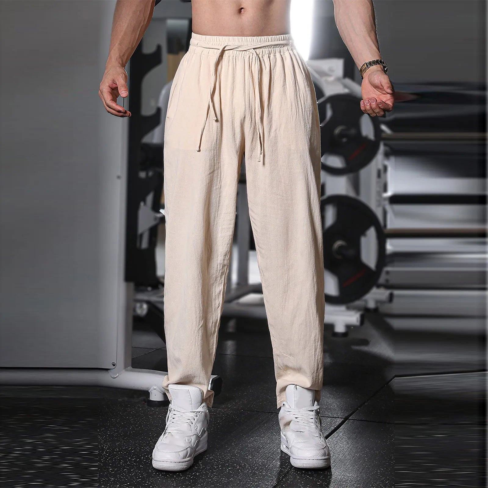 Mens Spring Summer Cotton Linen Pants Elastic Waist Candy Colors Harem Trousers Comfortable Breathable Fashion Casual Male Pants