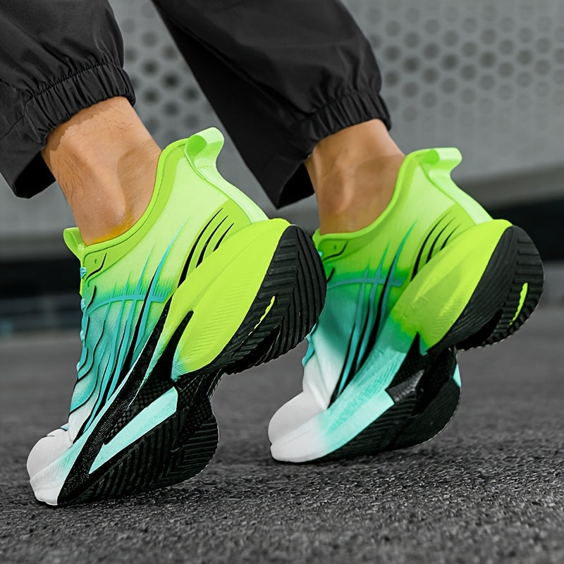 Men's Lightweight Breathable Running Shoes - Turquoise & Teal Striped Design, Shock-Absorbing Carbon Plate Sneakers with Soft Rubber Sole, Lace-Up Sneakers for Youth & Adults